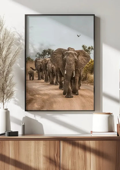 Kudde Olifanten Kalveren Zandpad Afrikaanse Natuur Schilderij