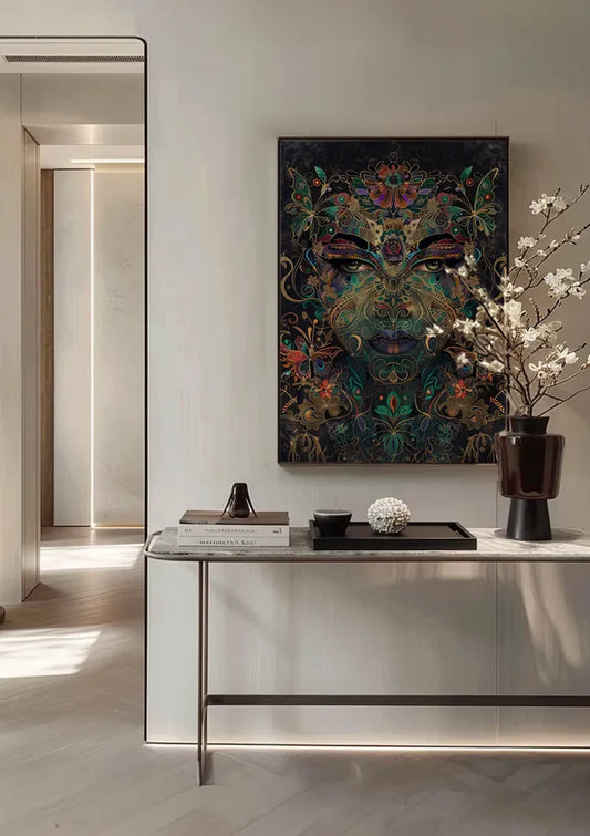 Bloemengelaat met vlinders canvas schilderij hangend aan de muur in de hal