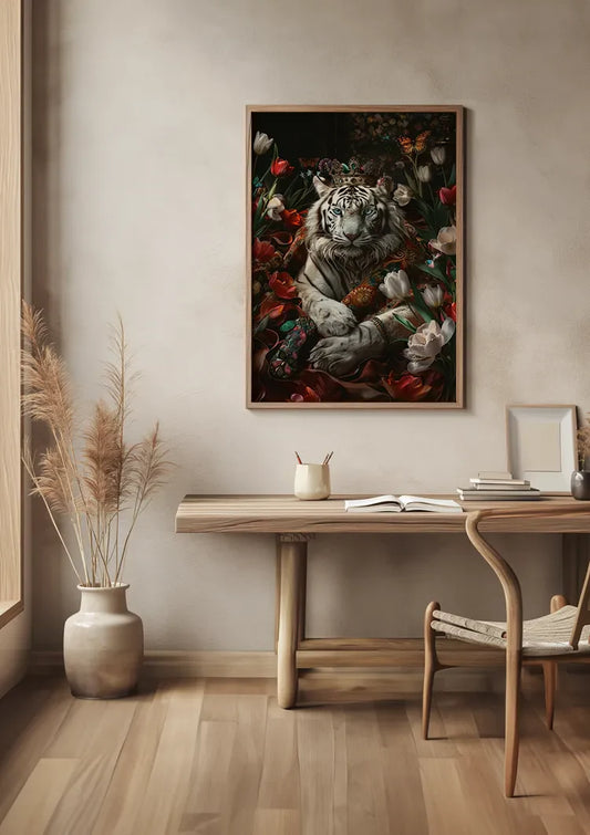 Witte tijger met juwelenkroon canvas schilderij aan de muur in de ruime hal