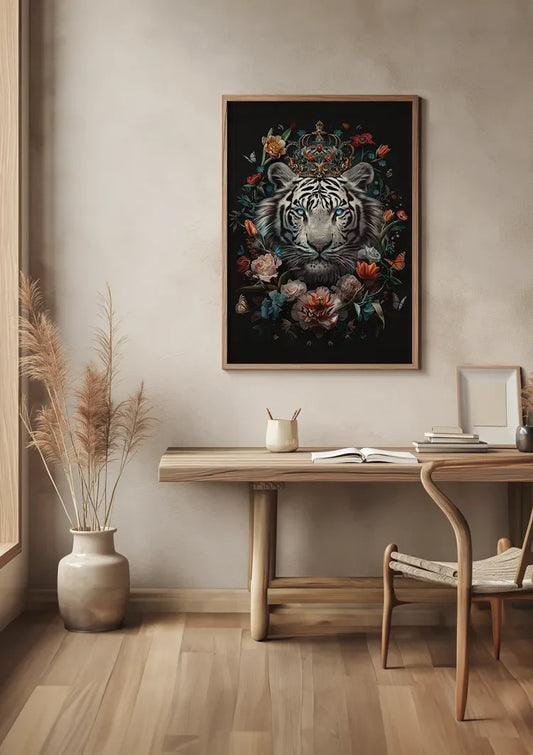 Tijger met bloemenkroon canvas schilderij aan de muur naast het bed in de slaapkamer