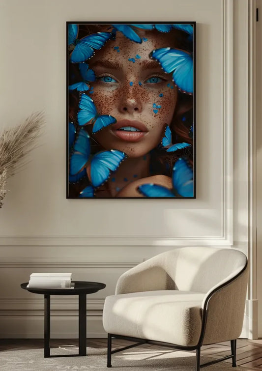 De vrouw met blauwe vlinders canvas schilderij boven het bed in de slaapkamer