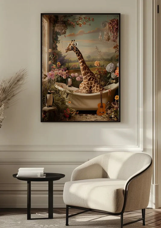 Giraf in bad canvas schilderij aan de muur bij de voordeur in de hal