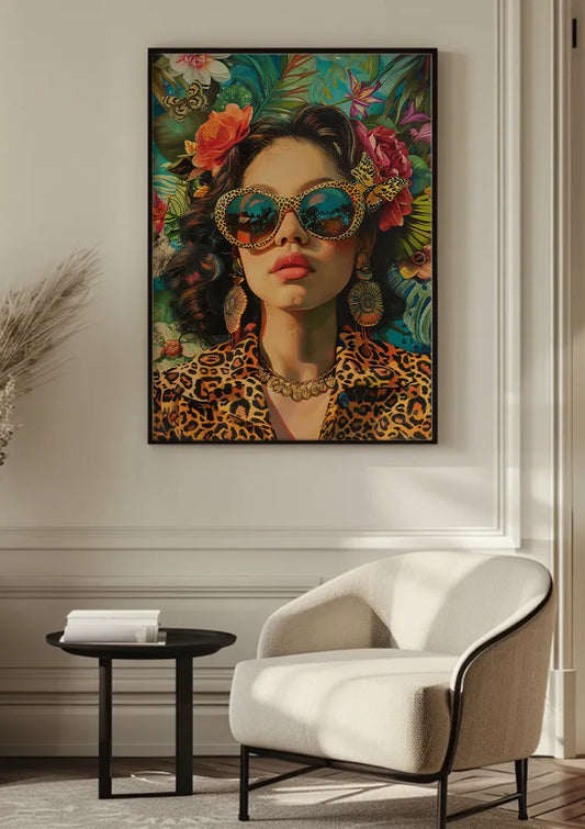Vrouw met bloemenhoofdtooi canvas schilderij aan de muur in de ruime hal