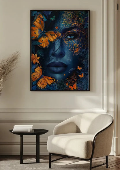 Woman Blue Skin Orange Butterflies Golden Ornament Mystical Painting