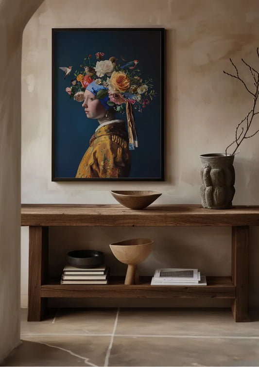 Het meisje met bloemenkroon canvas schilderij aan de muur in de hal