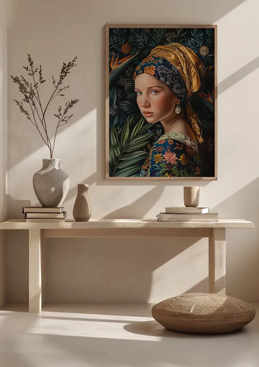 Vrouw met rood haar canvas schilderij aan de muur boven het bed in de slaapkamer
