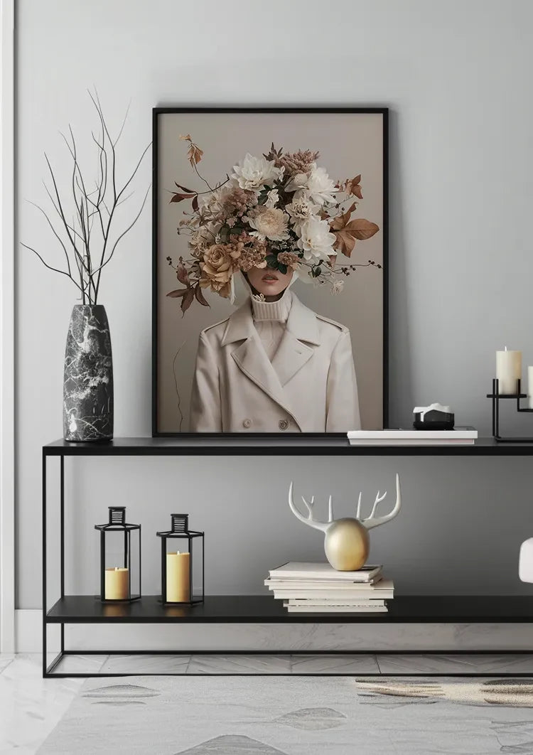 Person Creme Jacke Blumen Blätter Porträt Elegant Gemälde