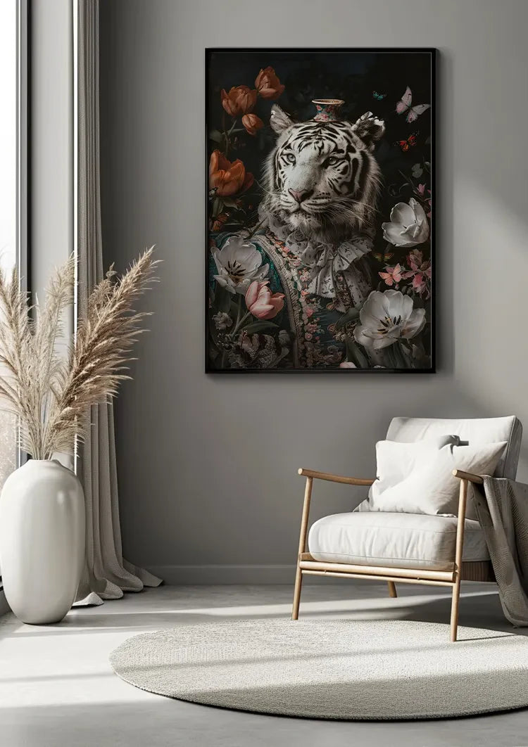 Witte Tijger Barok Kostuum Bloemen Vlinders Vaas Elegant Portret Schilderij