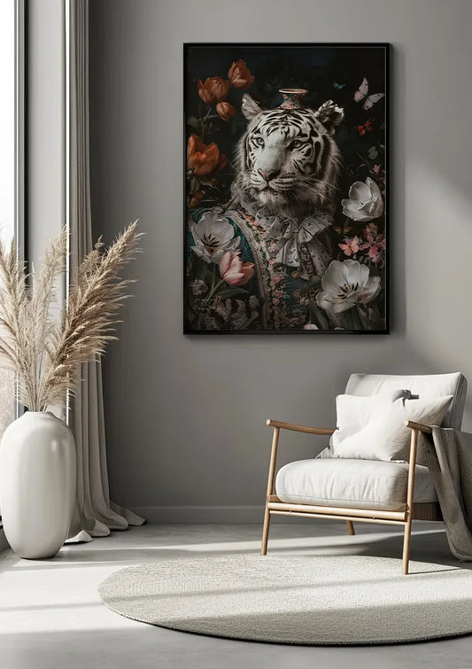 Witte tijger in kostuum canvas schilderij hangend aan de muur in de hal