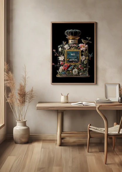 Parfumfles Bloemen Vogels Zwarte Achtergrond Schilderij