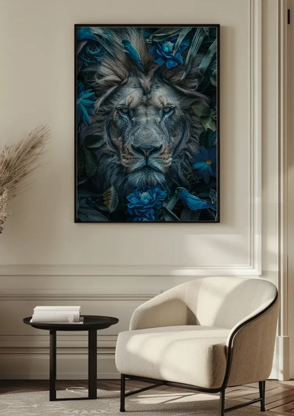 Majestueuze Leeuw Blauwe Bloemen Natuur Portret Schilderij