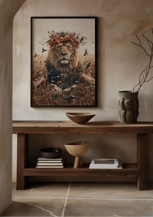 Koninklijke Leeuw Bloemenkrans Goudveld Natuur Portret Schilderij
