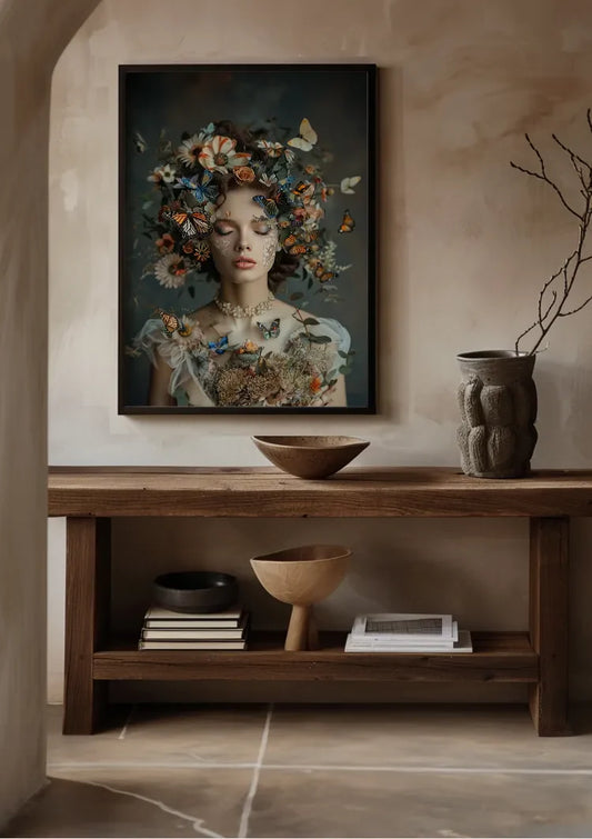 Vrouw met bloemenkroon canvas schilderij aan de muur bij de voordeur in de hal