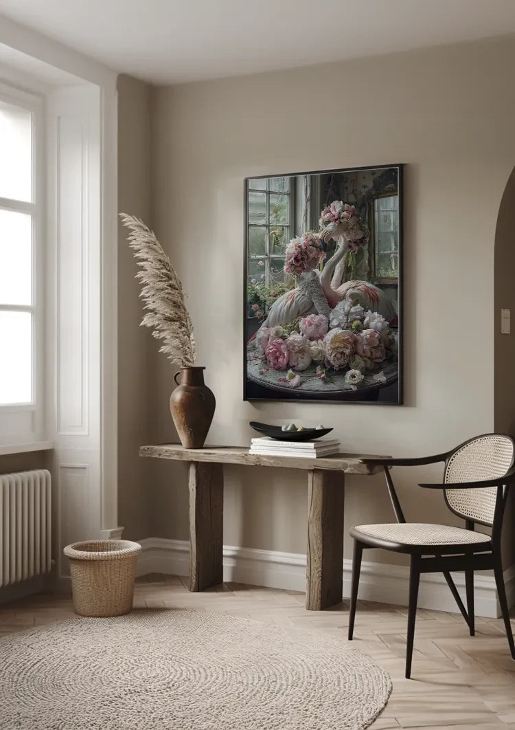 Flamingo und Rosa Blüten Vintage Zimmer Romantisches Verträumtes Gemälde