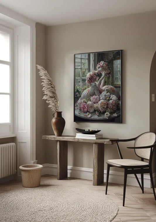 Flamingo en pop met roze bloemen canvas schilderij aan de wand in de hal