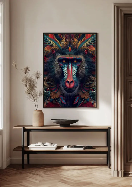 Kleurrijke mandril canvas schilderij in blauw, rood en geel