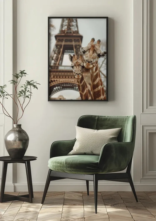 Giraffen bij de Eiffeltoren canvas schilderij aan de muur boven het bed in de slaapkamer