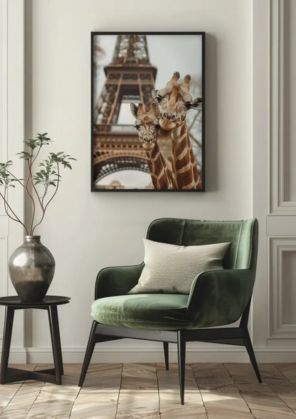 Twee Giraffen Eiffeltoren Parijs Speels Kleurrijk Schilderij