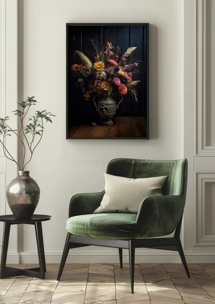 Varied Flowers Vase Orange Pink Dark Background Classic Painting