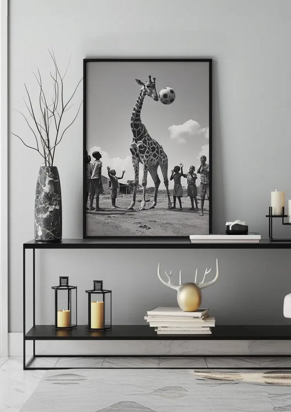 Giraffe Fußball Kinder Spielerisch Schwarz Weiß Lustiges Gemälde