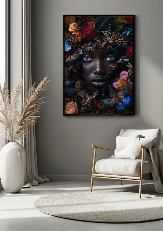 Blauwe Ogen Donker Portret Kleurrijke Bloemen Vogels Natuur Canvas Schilderij