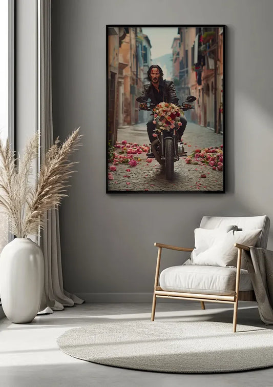 Motorrijder canvas schilderij aan de muur bij de voordeur in de hal