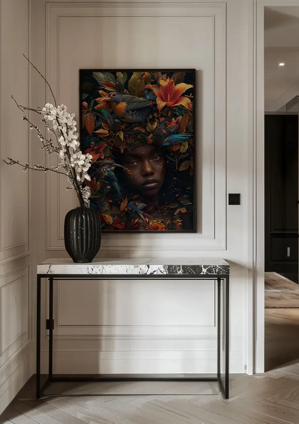 Vrouw Tropische Vogels Kleurrijke Bloemen Natuur Portret Schilderij