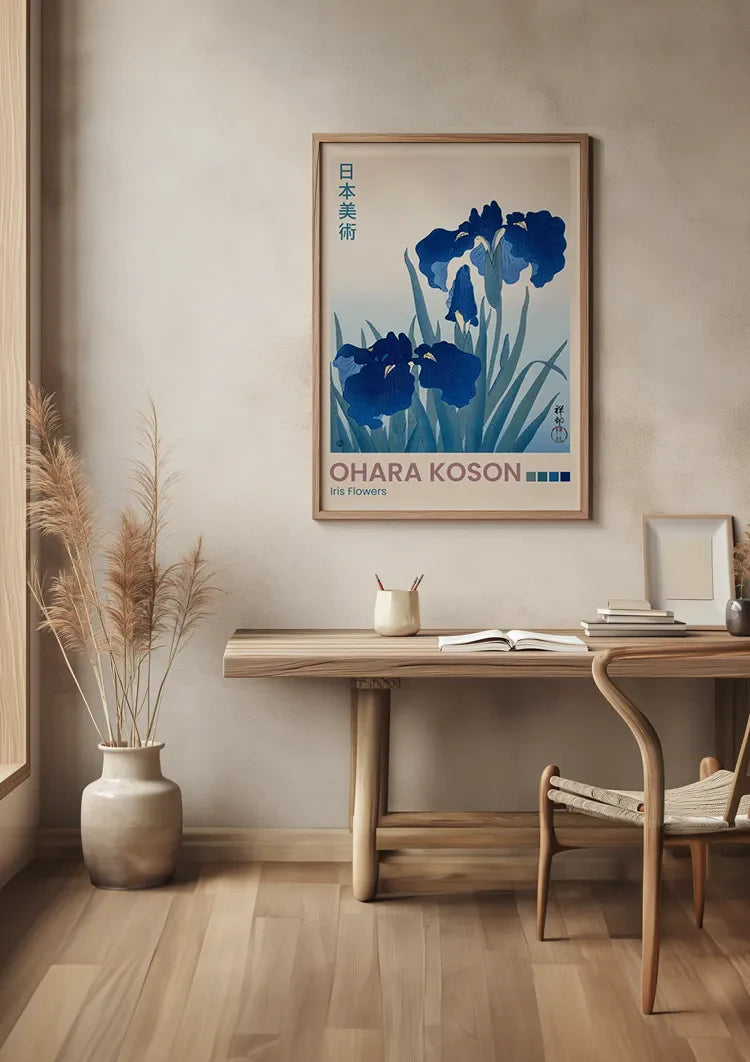 Japanese Iris Flowers Blue Green Leaves Botanical Painting