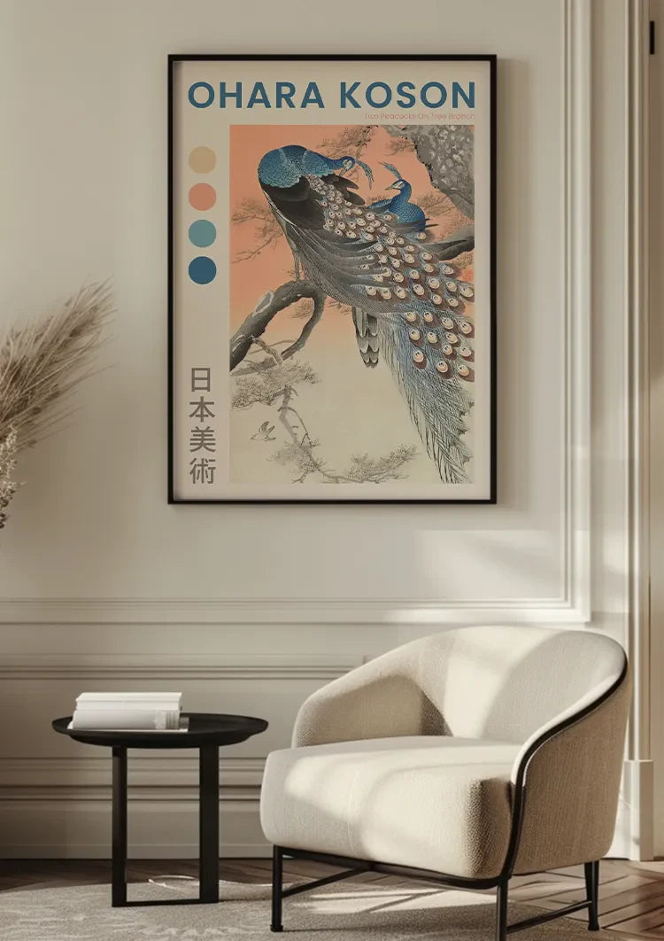 Two Peacocks on Tree Branch Japanese Pastel Nature Painting