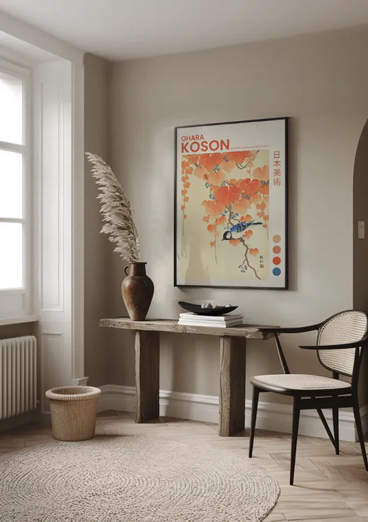 Japanse koolmees op een paulowniatak canvas schilderij boven het bed in de slaapkamer