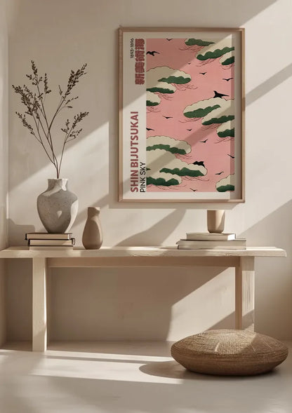 Roze Lucht Groene Wolken Zwarte Vogels Japanse Stijl Schilderij