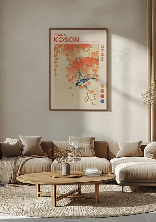 Japanse koolmees op een paulowniatak canvas schilderij aan de wand in de hal