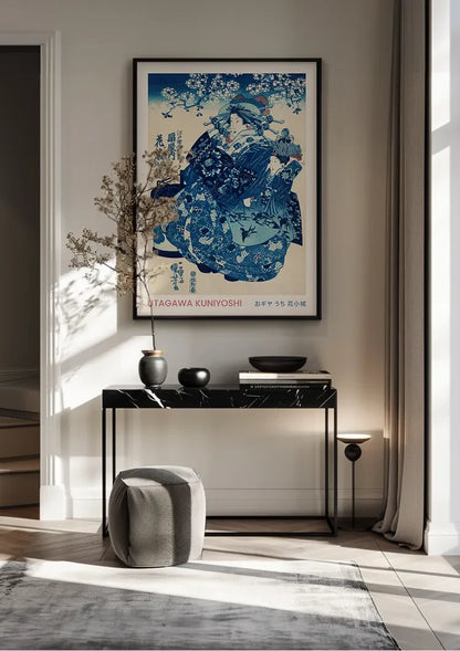 Kuniyoshi Woman Fan Blue Kimono Japanese Woodblock Painting