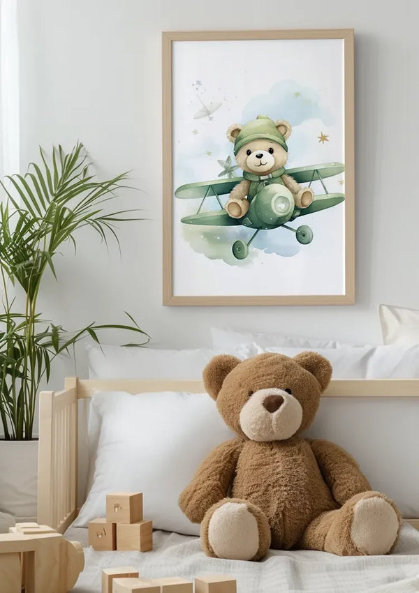 Teddy Bear Green Airplane Pilot Watercolor Nursery Painting