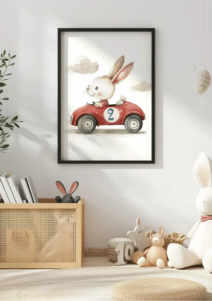 Süßes weißes Häschen Rotes Rennauto Nummer Zwei Wölkchen Kinderzimmerbild
