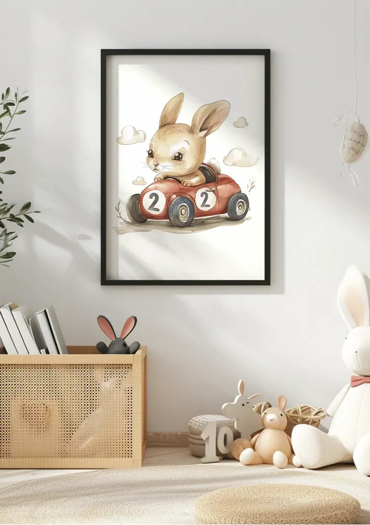 Cute Bunny in Red Race Car Nursery Illustration Painting