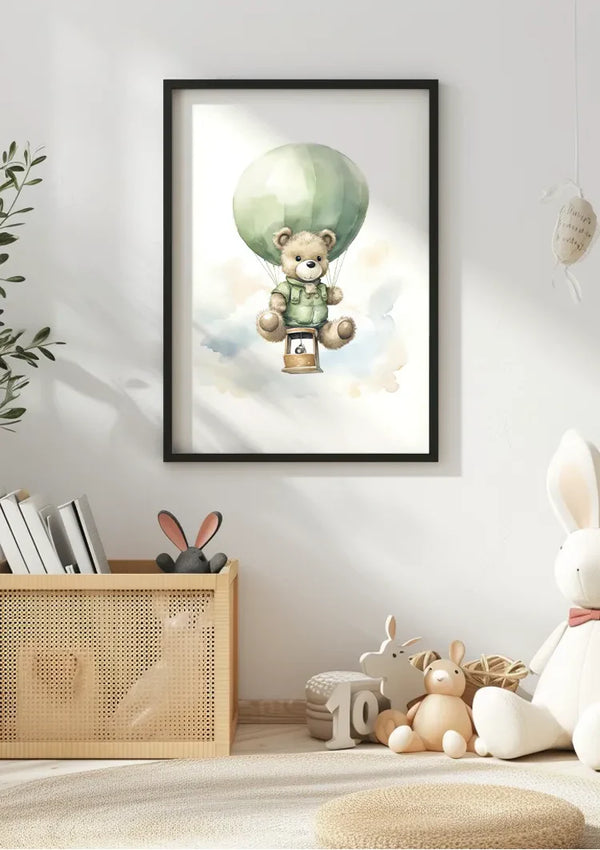Teddybär Grüner Heißluftballon Wolken Kinderzimmer Aquarell Gemälde
