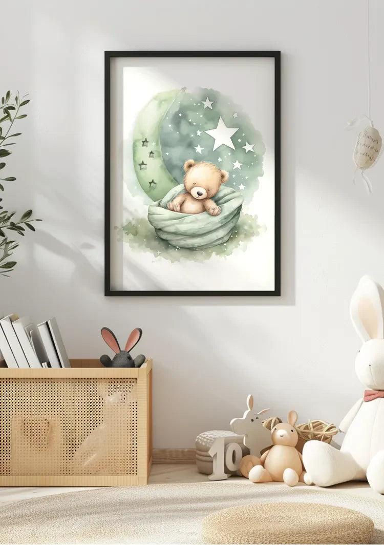 Schlafender Teddybär Grüne Mond Sterne Decke Verträumtes Kinderzimmer Gemälde