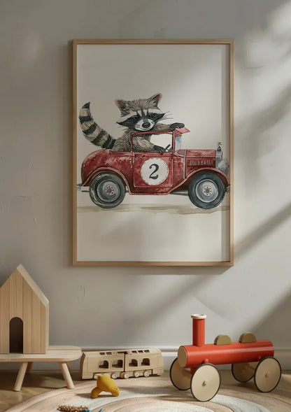 Niedliches Waschbär Rotes Vintage-Rennwagen Kinderzimmer Wandbild