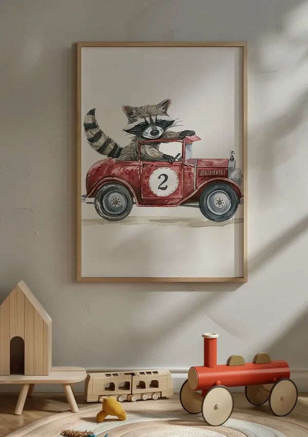 Niedliches Waschbär Rotes Vintage-Rennwagen Kinderzimmer Wandbild