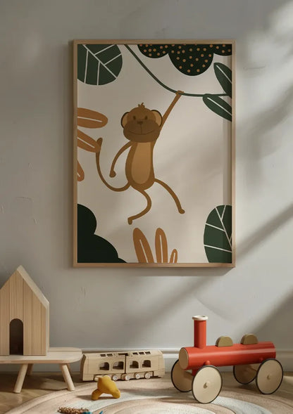 Lachender Affe Liane Grüne Blätter Verspielter Dschungel Kinderzimmer Gemälde