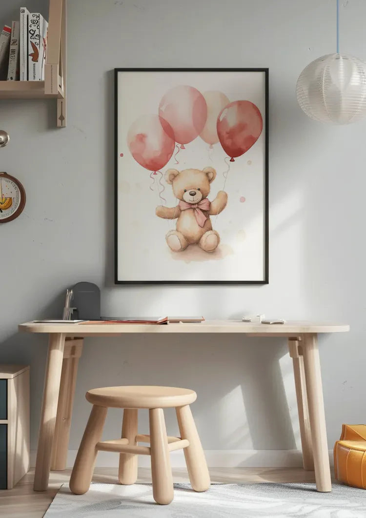 Teddybeer Roze Ballonnen Kinderkamer Schattig Aquarel Schilderij