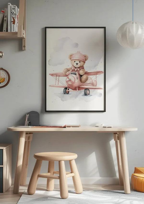 Teddybär Rosa Flugzeug Wolken Kinderzimmer Aquarell Malerei