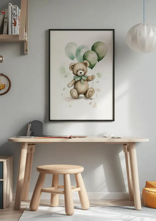 Schattige Teddybeer Bruine Vacht Groene Ballonnen Strik Kinderkamer Canvas Schilderij