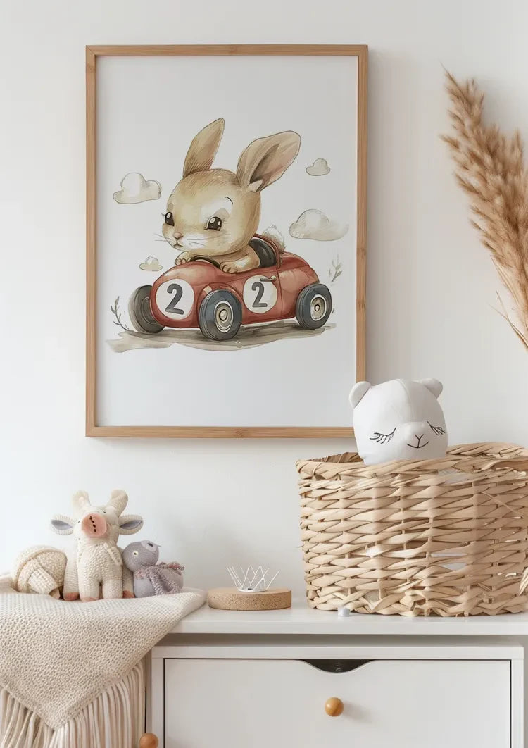 Cute Bunny in Red Race Car Nursery Illustration Painting