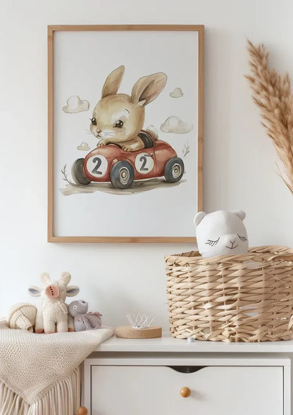 Cute Bunny in Red Race Car Nursery Illustration Painting