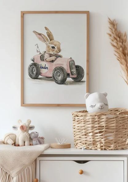 Cute Rabbit Pink Vintage Car Nursery Painting