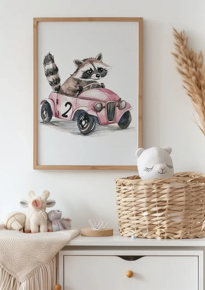Niedliches Waschbär Rosa Oldtimer Kinderzimmer Gemälde