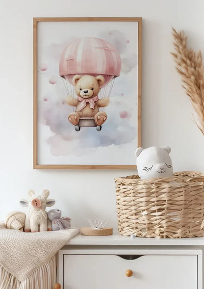 Teddybär Rosa Heißluftballon Kinderzimmer Aquarellmalerei
