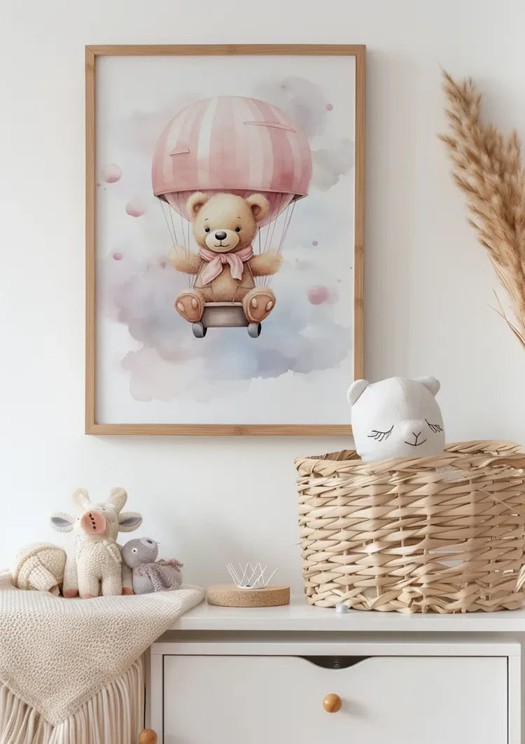 Niedlicher Teddybär Rosa Heißluftballon Wolken Verträumtes Kinderzimmer Gemälde